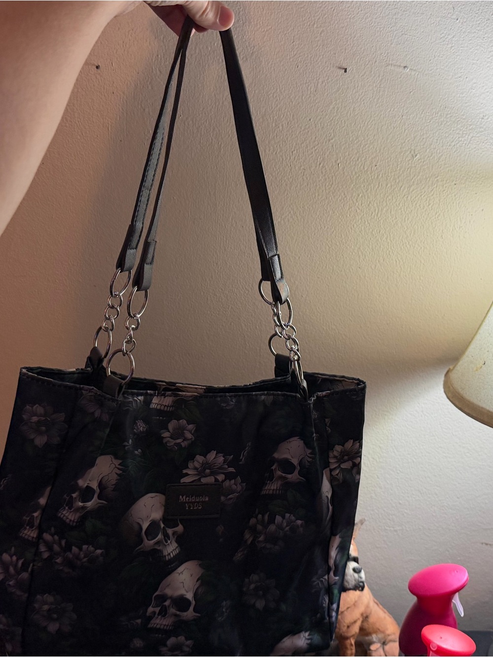 Skull Floral Tote Bag - Black and Green - Picture 5 of 7